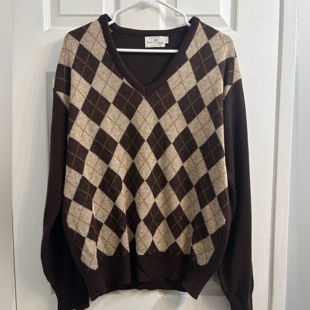 Desert Palm Argyle V-Neck Sweater in Brown and Cream